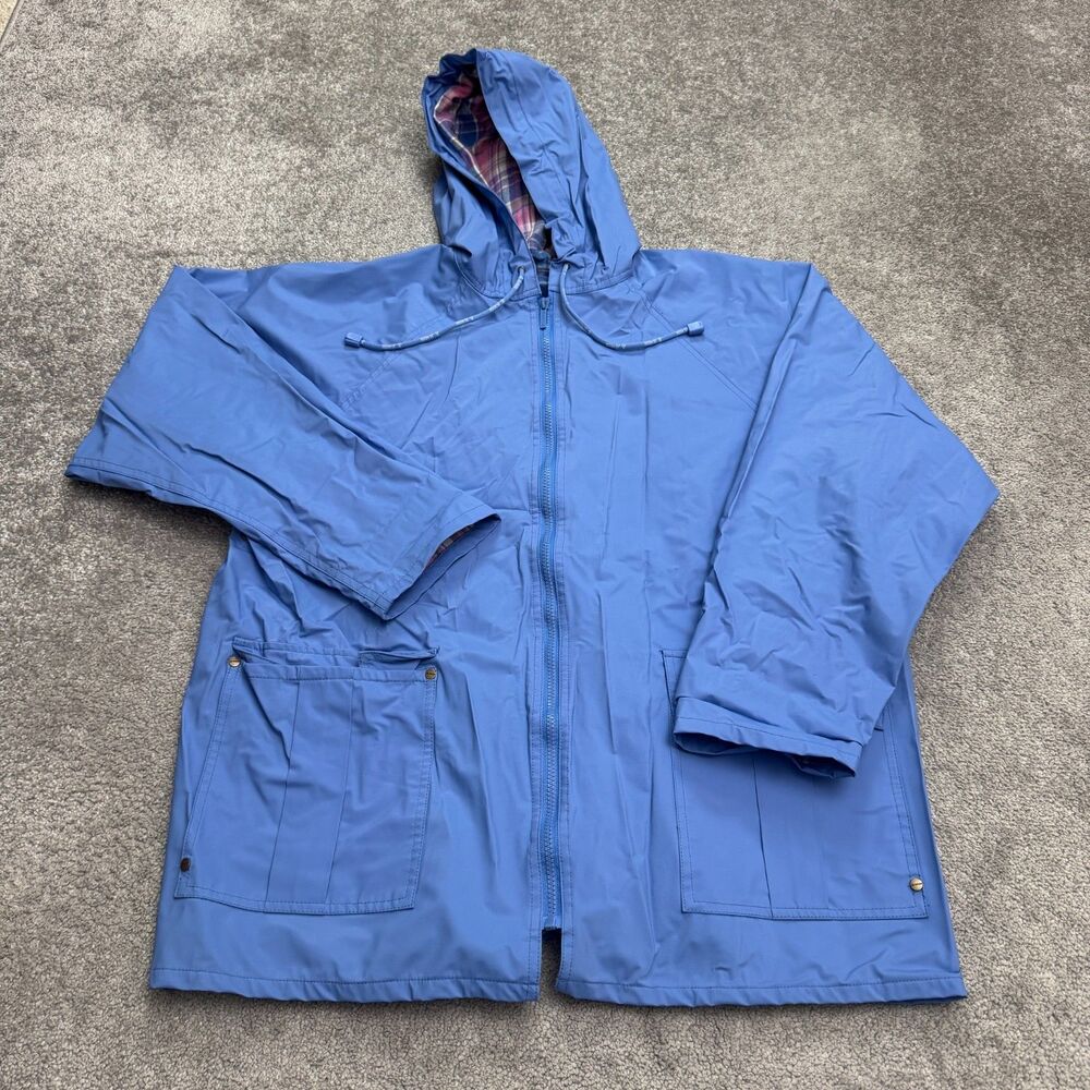 JG Hook Flannel Lined Windbreaker Hoodie Jacket womens Large Blue PVC Slicker